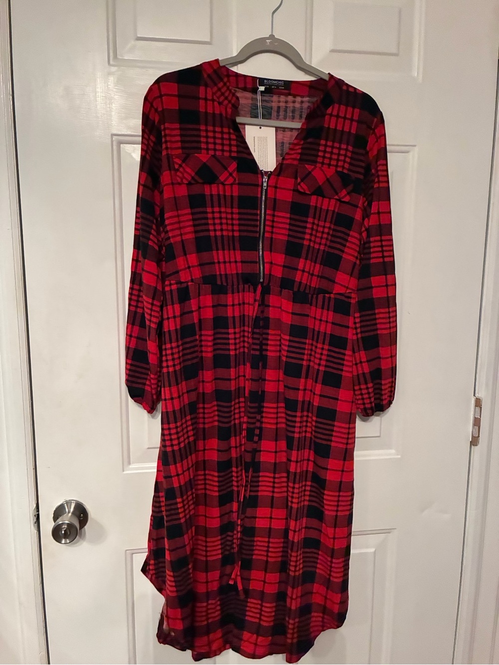 BloomChic Red and Black Plaid Midi Dress with Front Zip